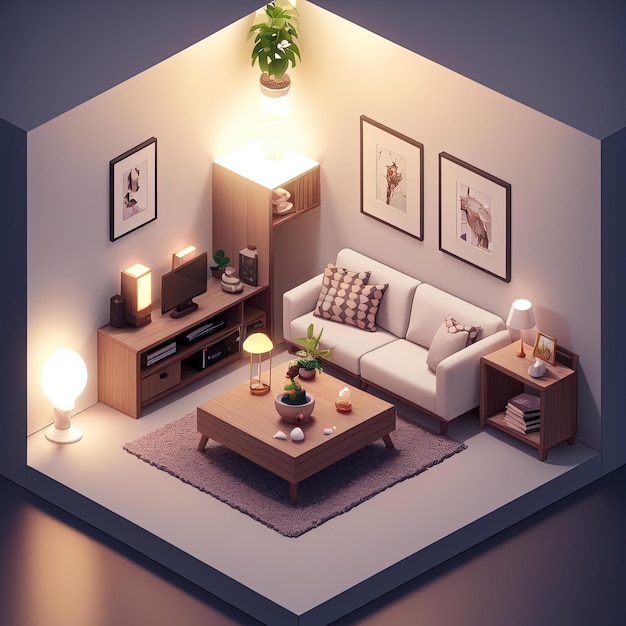 Tiny cute isometric Livingroom with soft smooth lighting, 3d blender render