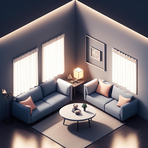 Tiny cute isometric Livingroom with soft smooth lighting, 3d blender render