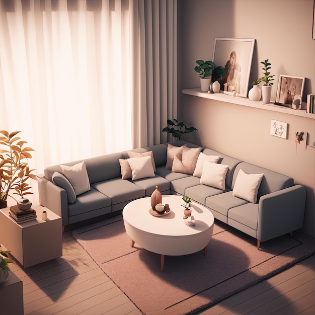 Tiny cute isometric Livingroom with soft smooth lighting, 3d blender render