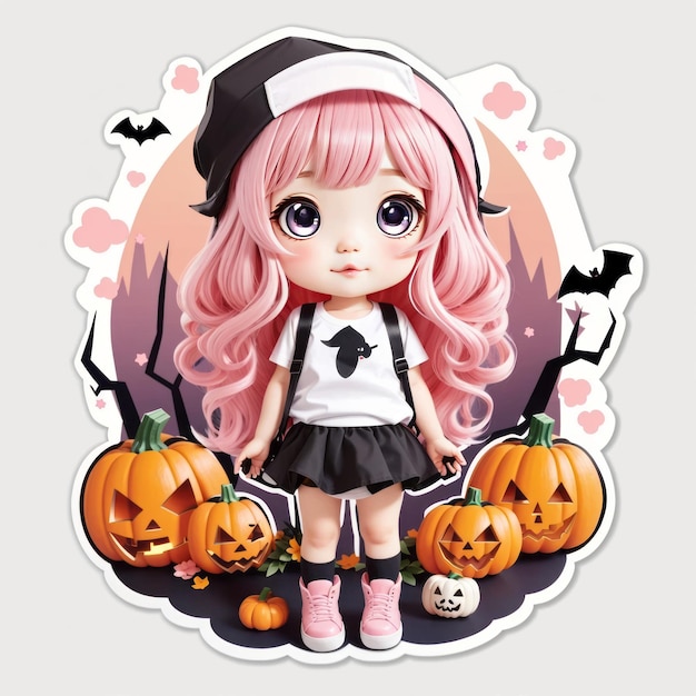 tiny Cute kawaii girl halloween tshirt design illustration sticker white background pinkhair inv