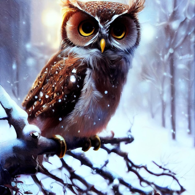 Tiny Cute Owl in the snow illustration of cute owl in christmas landscape