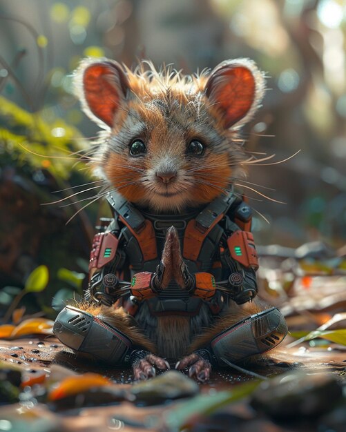 A tiny cyber mouse in tech armor sits in a forest