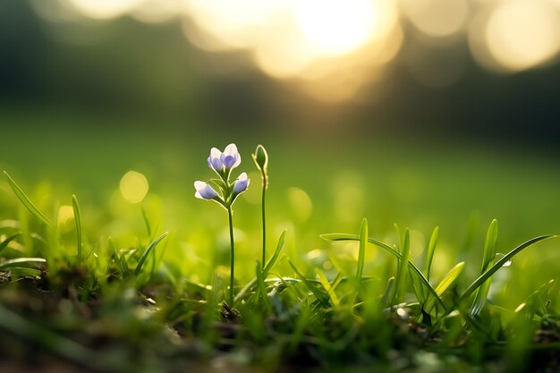 Tiny delicate field flowers among green grass against a background of sunray