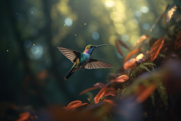 A tiny and delicate hummingbird perched on a green branch