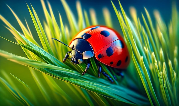 The tiny details on a ladybug's shell as it crawls along a blade of grass