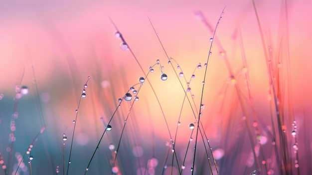 Tiny droplets of dew delicately perched on the tips of grass reflecting the soft hues of dawn