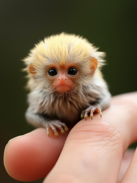 tiny duckling marmoset rests on the tip of persons finger