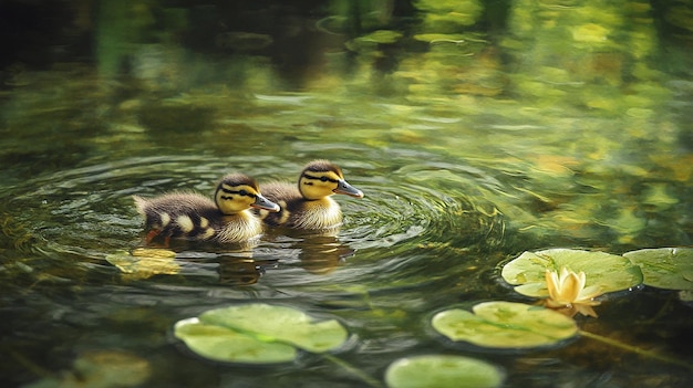 Photo tiny ducklings paddling in a serene pond with lily pads