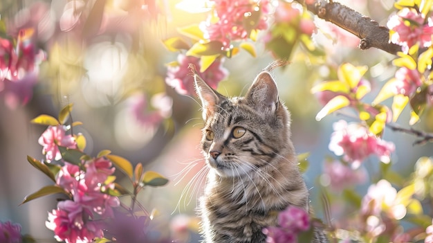 Photo tiny felidae carnivore sitting beneath a tree with pink blossoms its shiny coat glistening in the sunlight embodying springtime joy