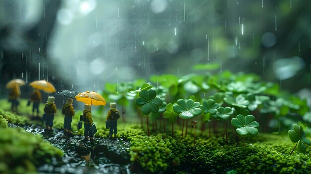 Photo tiny figures with yellow and black umbrellas navigate a lush clover field during a rainstorm