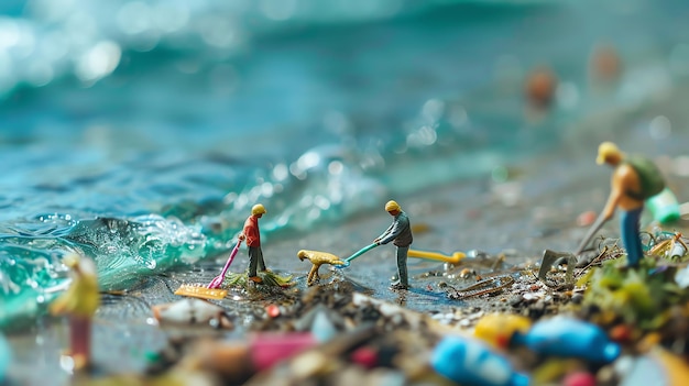 Photo tiny figures work together to clean up plastic pollution on a beach