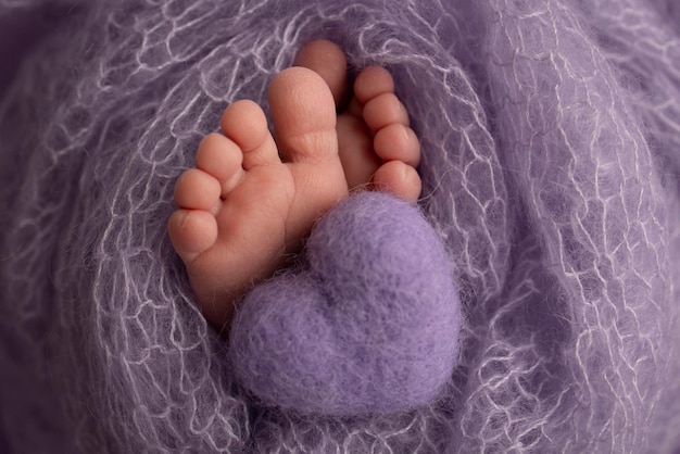 The tiny foot of a newborn baby Soft feet of a new born in a purple lilac wool blanket Close up of toes heels and feet of a newborn Knitted purple lilac heart in the legs of a baby