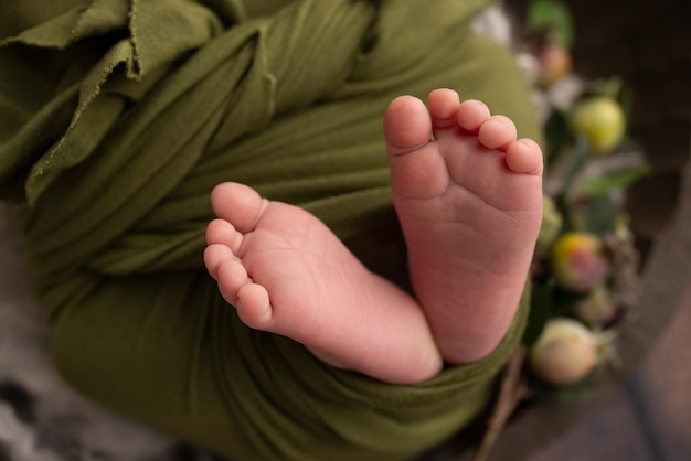 The tiny foot of a newborn Soft feet of a newborn in a green woolen blanket Close up of toes heels and feet of a newborn baby Studio Macro photography Woman39s happiness