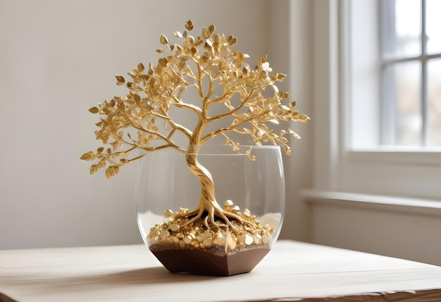 A tiny gold tree with gold piece in a glass