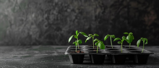 Photo tiny green seedlings sprouting from black trays on a dark marbled surface showcasing early development in a natural setting