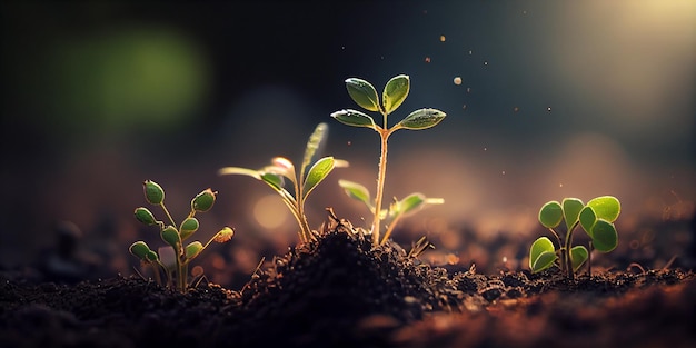 Tiny green sprout on a black soil with sun panorama AI Generated