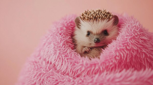 Photo a tiny hedgehog wrapped in a fluffy pink blanket for cozy and adorable imagery