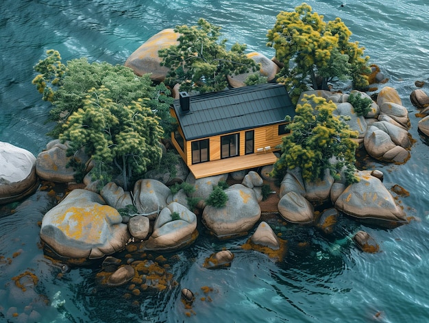 A tiny house on an island in the middle of lake Tahoe surrounded by boulders and pine trees