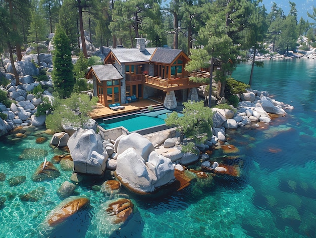 A tiny house on an island in the middle of lake Tahoe surrounded by boulders and pine trees