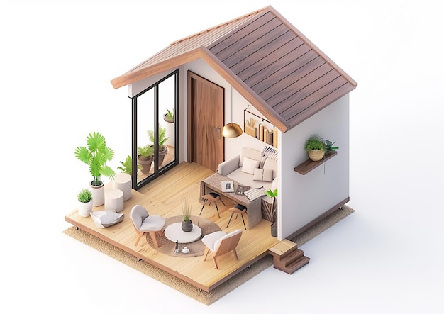 Tiny house in loft style 3D isometric mockup white background contemporary architecture