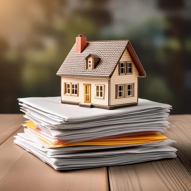 The tiny house resting on top of a stack of papers illustrate the intricate process of property management and documentation