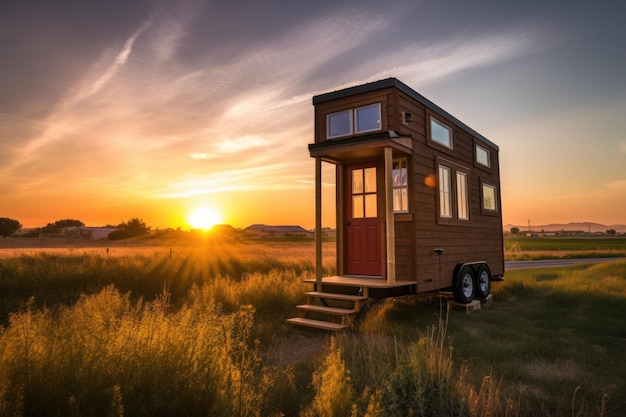 A tiny house on wheels with a view of the sunset created with generative ai