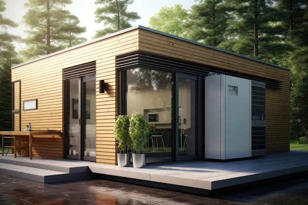 A tiny house with a glass door that says " no. "