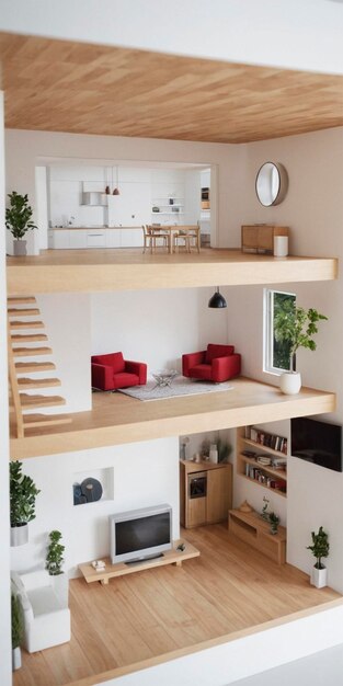 Photo a tiny house with a loft bed and stairs