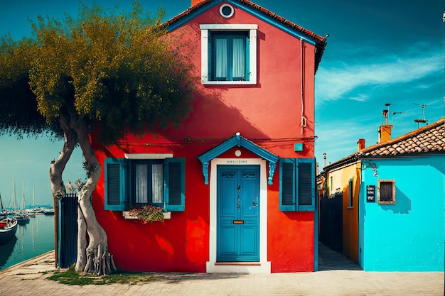 Tiny houses on islands and in lagoon of venice with beautiful graffiti burano street