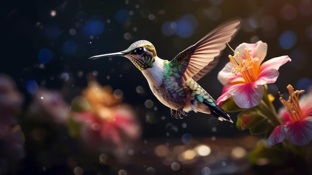 A tiny hummingbird flitting from flower to flower AI generated