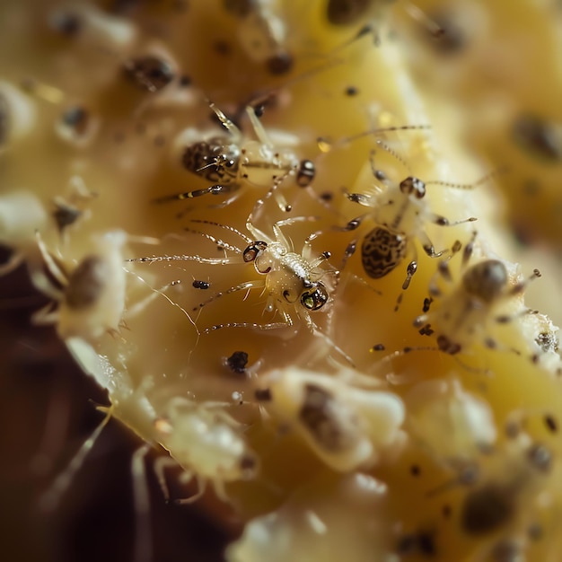 Photo tiny insects on a yellow surface macro photography