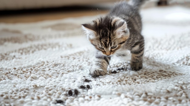 Photo tiny kitten exploring soil on a textured carpet small tabby cat examining scattered dirt a funny kitten creating a mess concept of a mischievous pet domestic animal and home mess