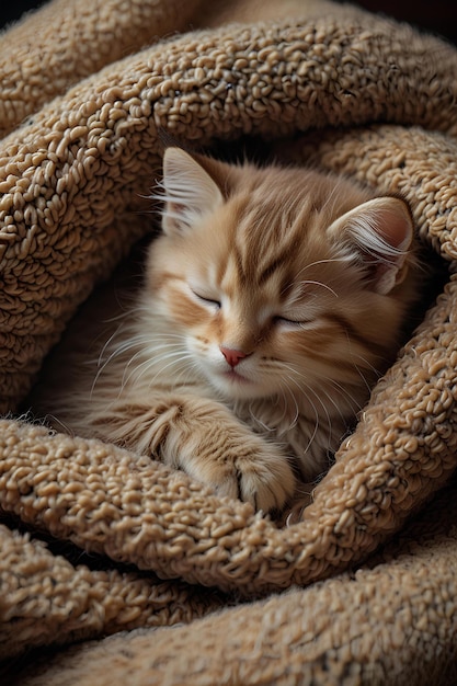 Photo tiny kitten in a warm blanket fluffy and calm enjoying a cozy sleep