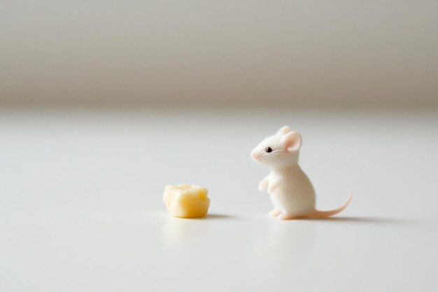 Photo a tiny mouse with a little piece of cheese on a white background