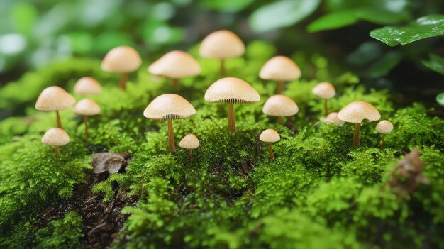 Photo tiny mushrooms growing on a mosscovered forest floor