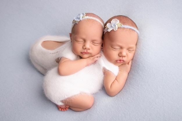 Tiny newborn twin girls. A newborn twin embraces and sleeps on his sister, Newborn twin girls against a pale blue blanket with white bandages and white delicate woolen bodysuits.