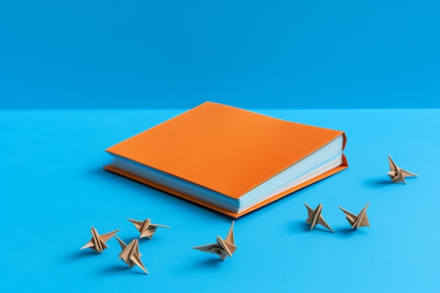 Photo tiny orange books soaring on blue