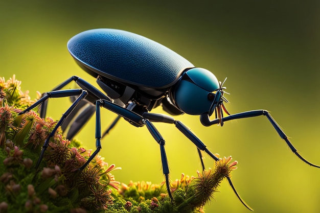 tiny robotic insect exploring a vibrant flower