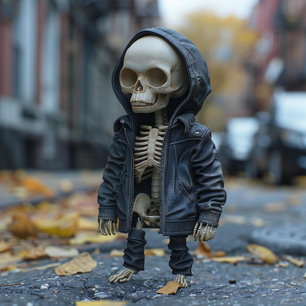 Tiny skeleton with a jacket and black hoodie on an urban street