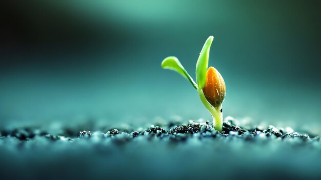 Photo tiny sprout pushing up through the soil against a blurred teal background