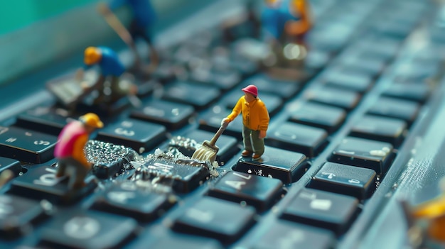 Photo tiny toy construction workers cleaning a computer keyboard