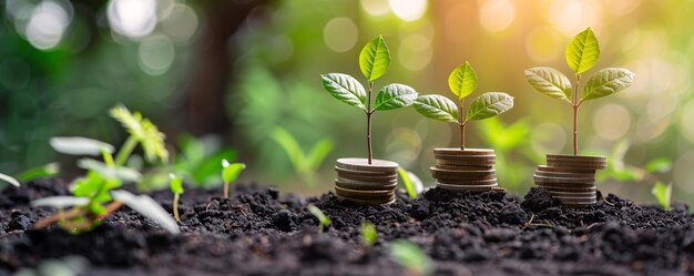 Tiny trees sprouting from growing stacks of coins in rich soil with a sunny backdrop