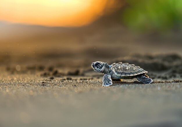 Photo tiny turtle journey at sunrise