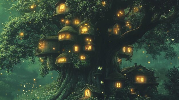 Photo a tiny village of mushroom houses and glowing flower lamps nestled within a thick forest