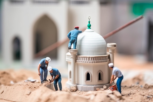 Tiny workers building a mosque on Ramadan Miniature world photography a crew of tiny workers