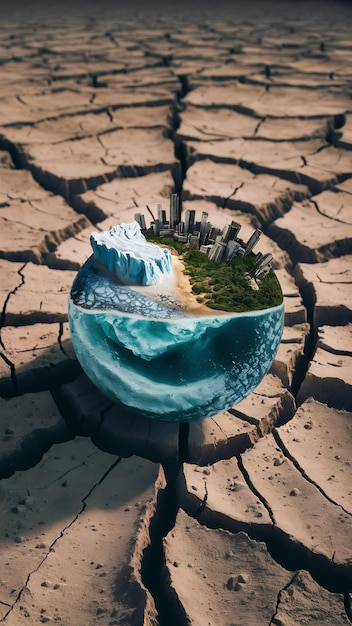 Photo tiny world on cracked land highlighting climate transformation