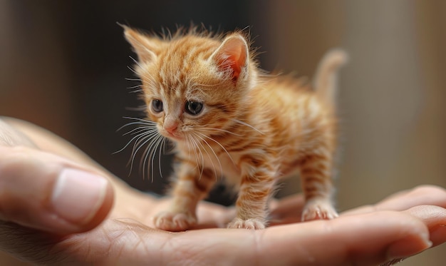 Photo a tiny yellow cat so small it39s even smaller than your little finger this tiny kitty is climbing through your fingers trying her best to climb up