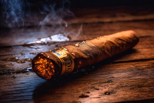 The tip of a cigar is shown against a wooden background