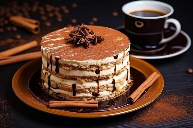 Tiramisu cake with cacao powder on top served with tea