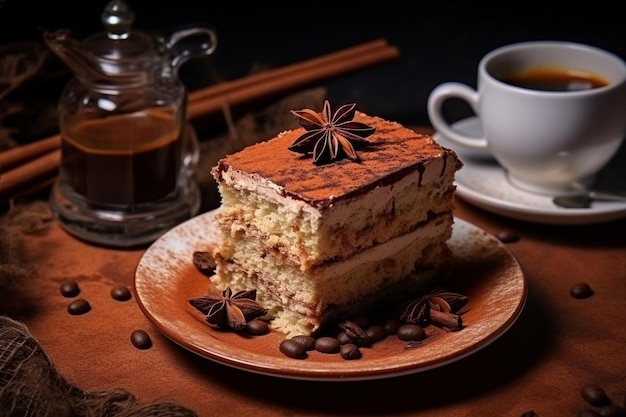 Tiramisu cake with cacao powder on top served with tea